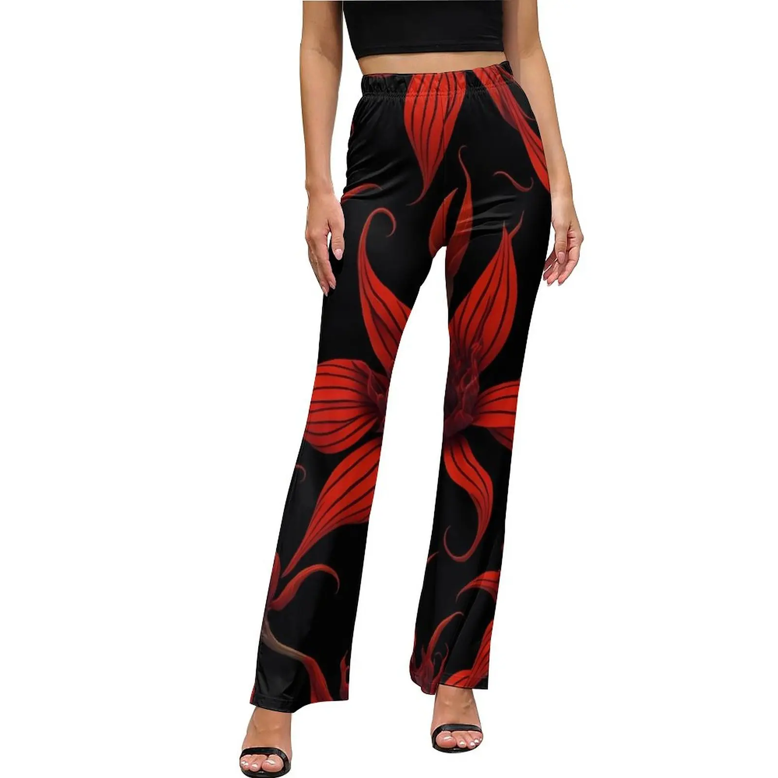 Tiger Lily Floral Pants Elastic High Waist Red Flower Korean Fashion Flare Pants Autumn Sexy Custom Oversized Trousers