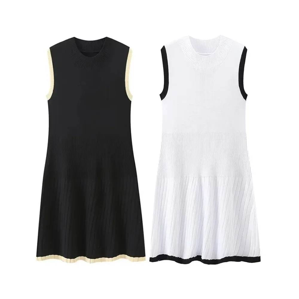Mini robe tricotée pour femmes, col rond, à volants, ligne a, sans manches, printemps/été