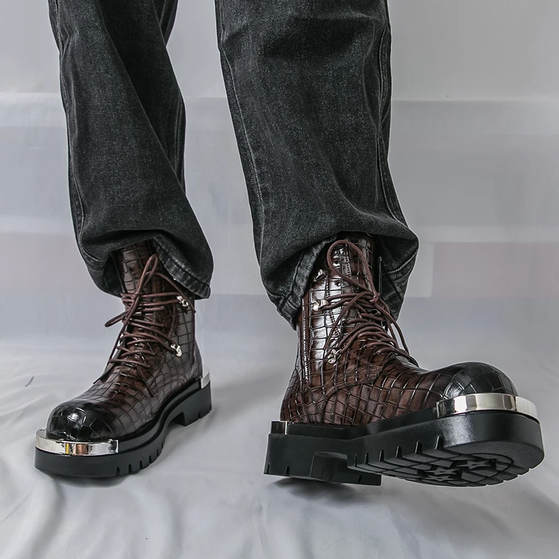 

Men Fashionable High-top Boots Suitable for All Seasons Classic Design Zipper Tie Closure Durable Rubber Soles Men Boots