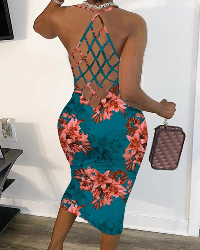 

Sexy Women Summer Floral Print Fishnet Backless Bodycon Dress U-Neck Slim Fit Spaghetti Strap Midi Blue Dress Vacation Vestido