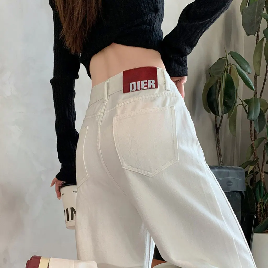 

Women's White Velvet Jeans High-Waisted Wide-Leg Straight Pants Loose Fit Floor-Length Autumn Winter Fashion