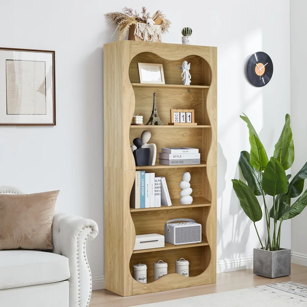 رف كتب خشبي كبير مكون من 6 طبقات - خزائن كتب حديثة طويلة للتخزين والعرض، حلول فريدة من نوعها لتخزين الكتب قائمة بذاتها