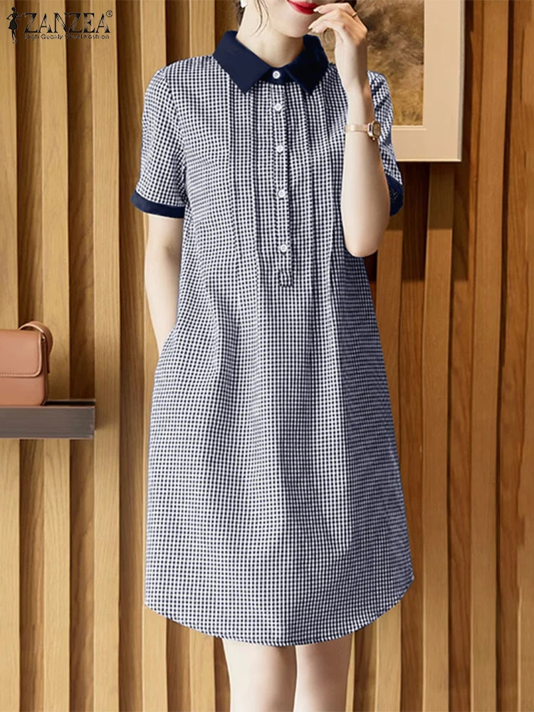 ZANZEA Women Retro Plaid Checked Dresses Summer Dress Casual Work Knee -length Vestidos Elegant Lapel Neck Short Sleeve Sundress