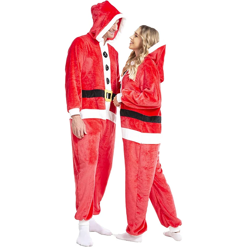 Women Christmas Uniform Red Santa Claus Cosplay Costume Flannel Long Sleeve Hooded Belt Printed Zipper Full-Length Jumpsuits