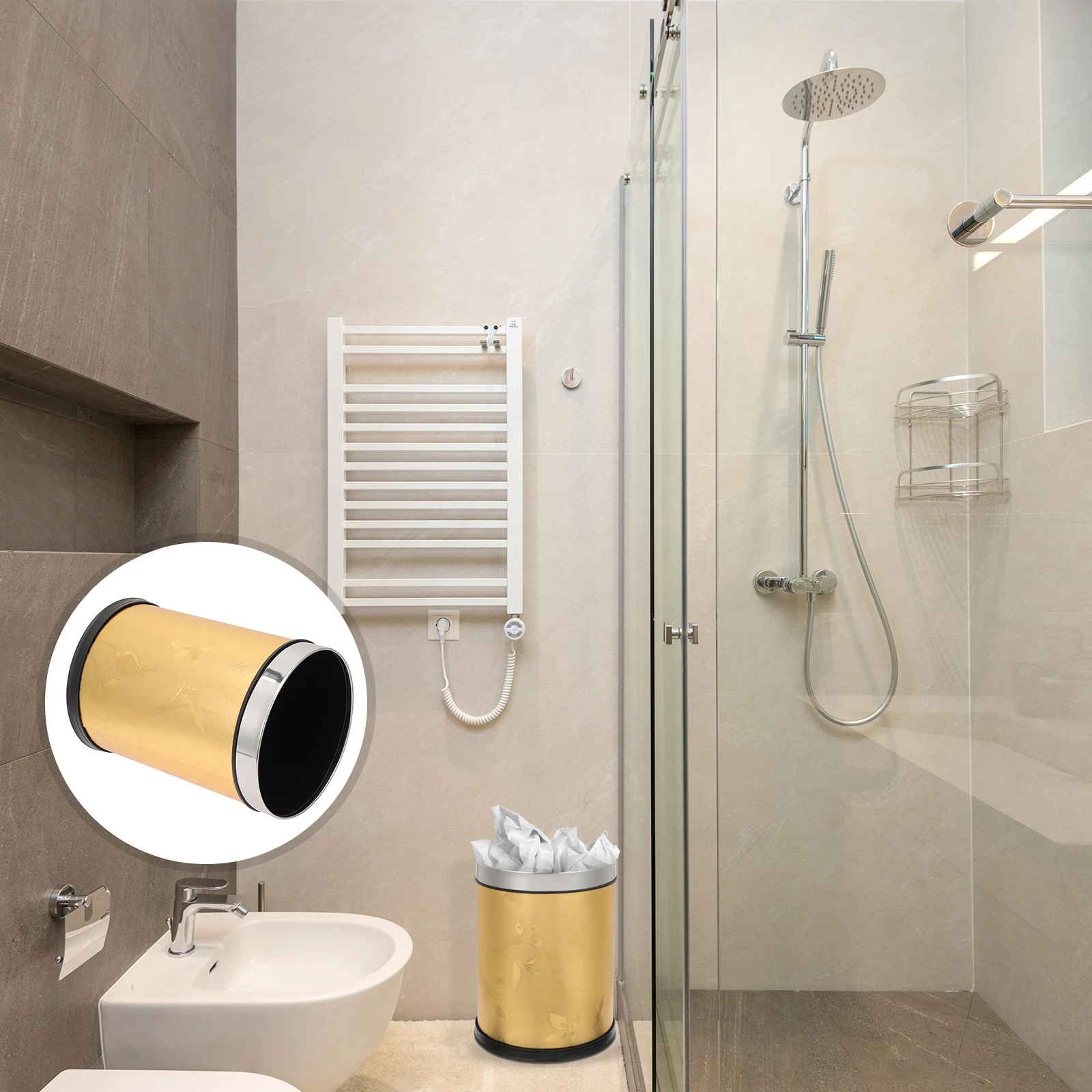 

Round Trash Can Stable Frame Long Service Bathroom Kitchen Garbage Container Office Waste Paper Basket Gold Color