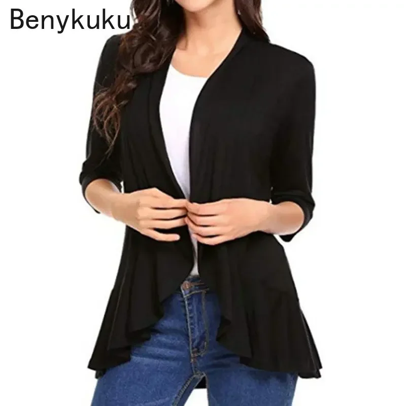 

Ruffles Coat Spring Fall Clothes Jacket for Women Black Solid Color Cardigan Tops Half Sleeve Office Lady Open Stitch Tops 2024