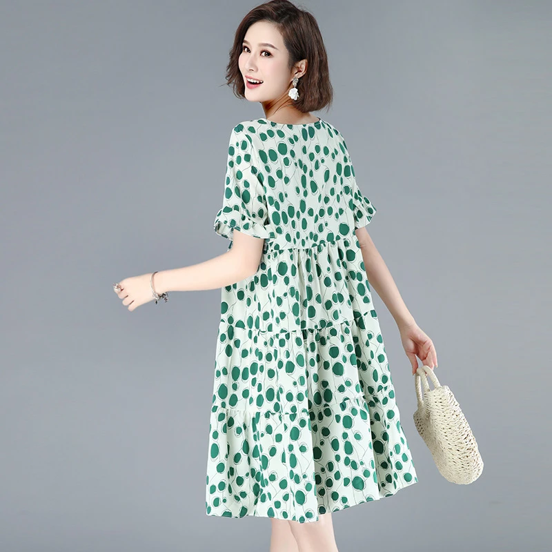 

Новое летнее платье больших размеров в горошек с коротким рукавом, свободного кроя, стройнящее, А-силуэт, повседневное, с круглым вырезом, для женщин