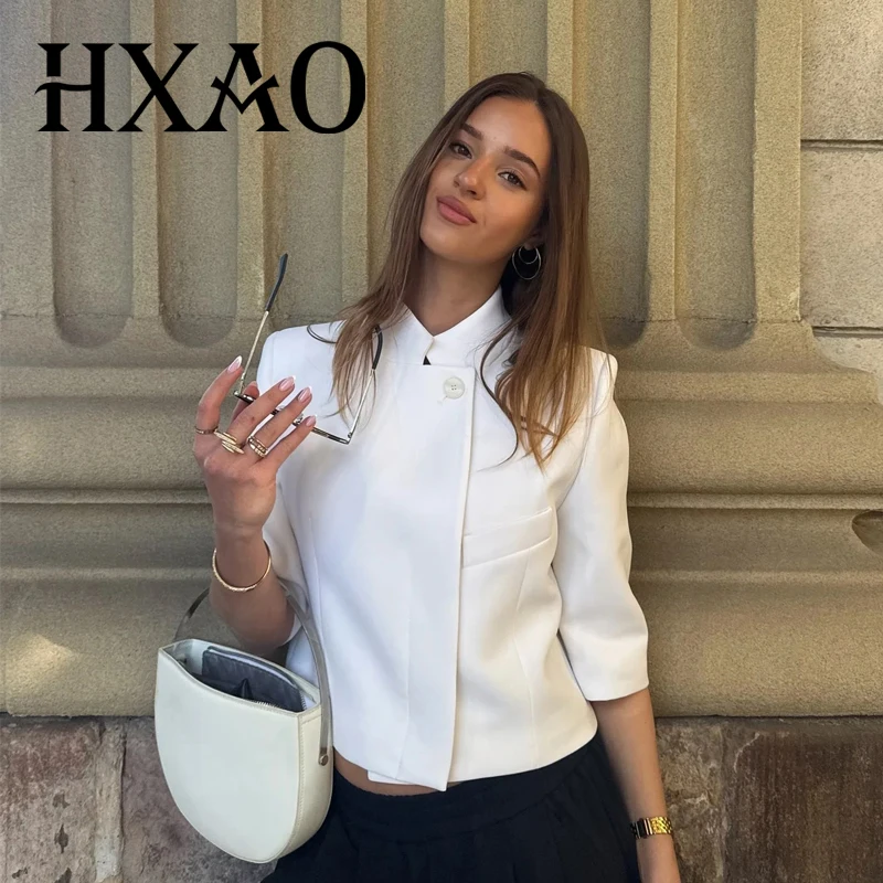 

HXAO Crop Women's White Jacket Fitted High Quality Blazer Demi-Season Short -Sleeve Chinese Style Jacket Elegant Office Look
