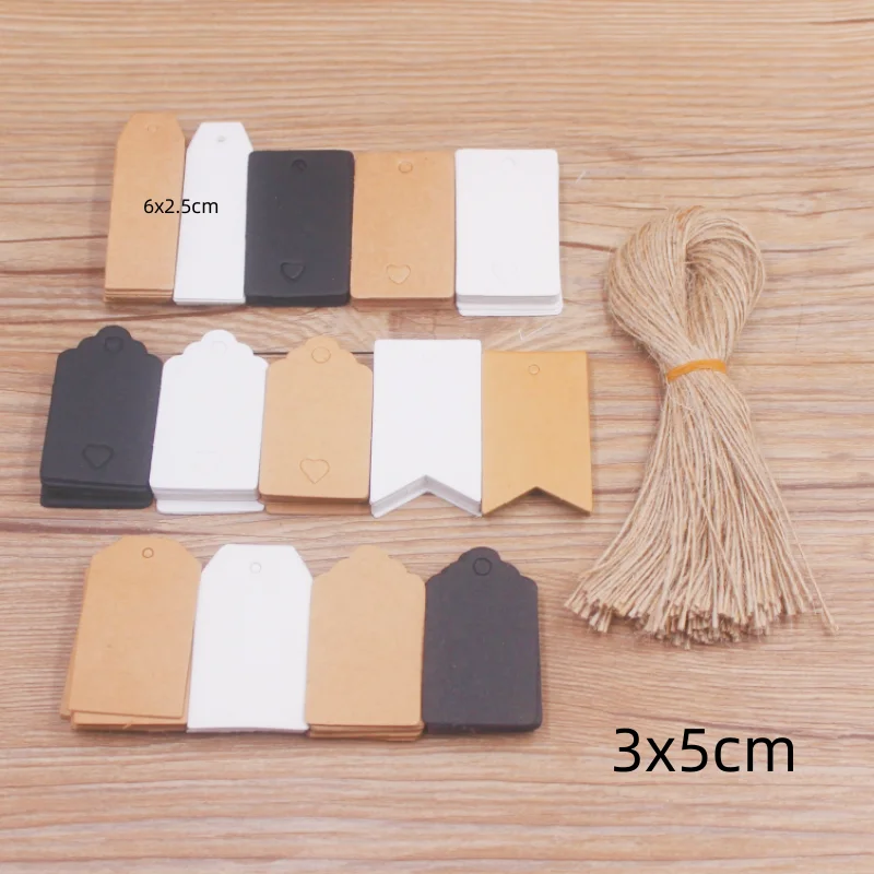 100 pcs 3x5/6x2.5cm kraft paper brown/white/black gift labels with 100 rope wedding baby gift party Christmas labels, part