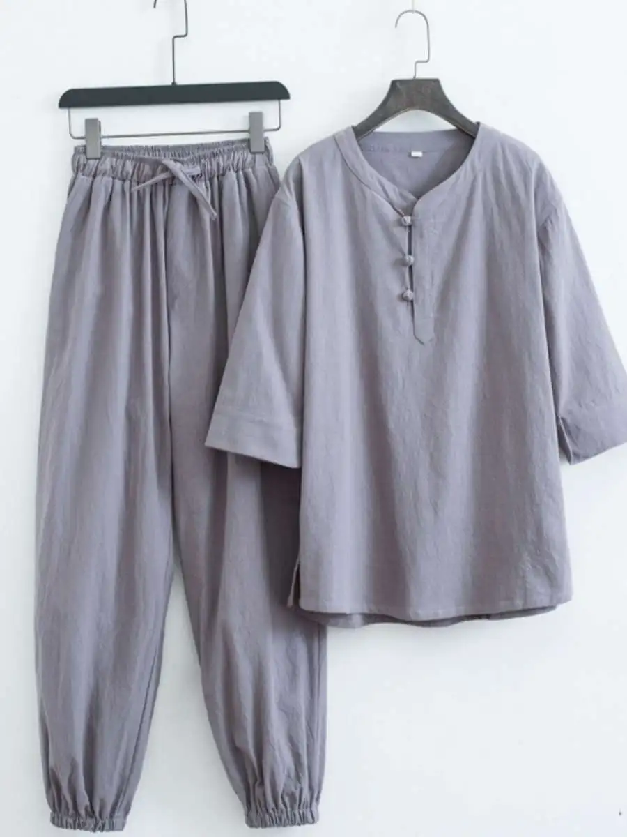 

Loose Cotton Linen ort Sve V-Ne Men's T-irt Set Summer Casual Vintage Button Chinese Sle Four-Five Sve Suit