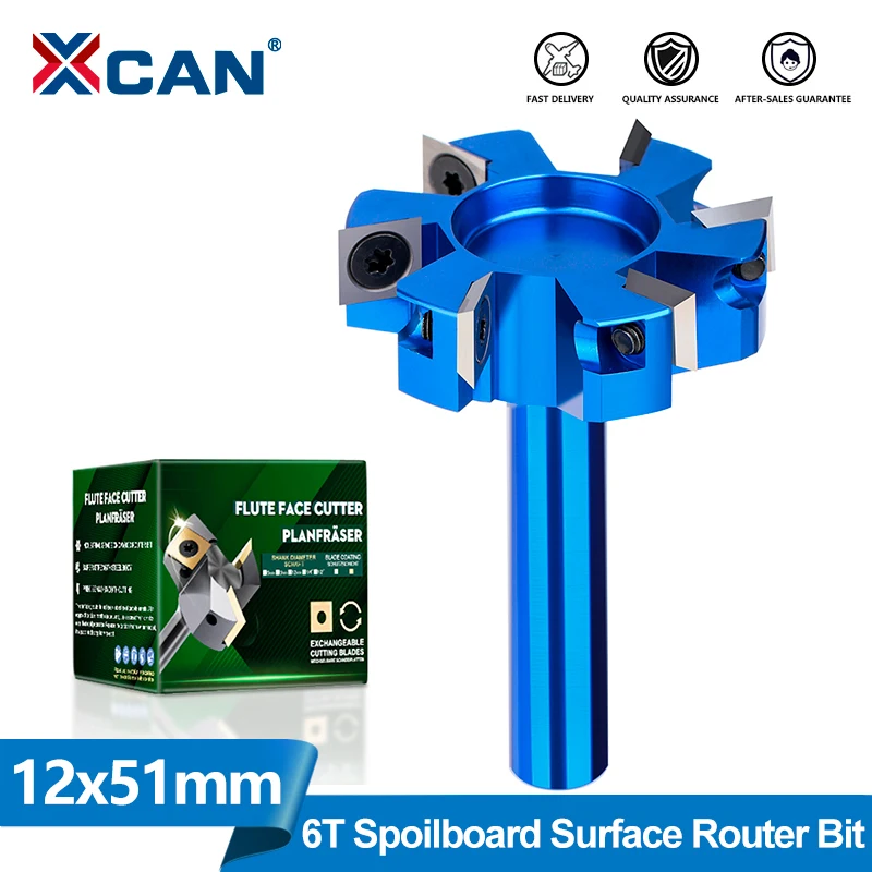 

XCAN Milling Cutter Upgrade 12mm Shank CNC Spoilboard Surfacing Router Bit with Carbide Insert 6 Wing Wood Planer Bit