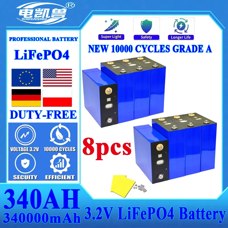 

8pcs 10000 cycle 3.2V 340AH Lifepo4 Battery Grade A Cells 12V 24V 48V Rechargeable Battery Pack for Solar Tax Free With Busbars