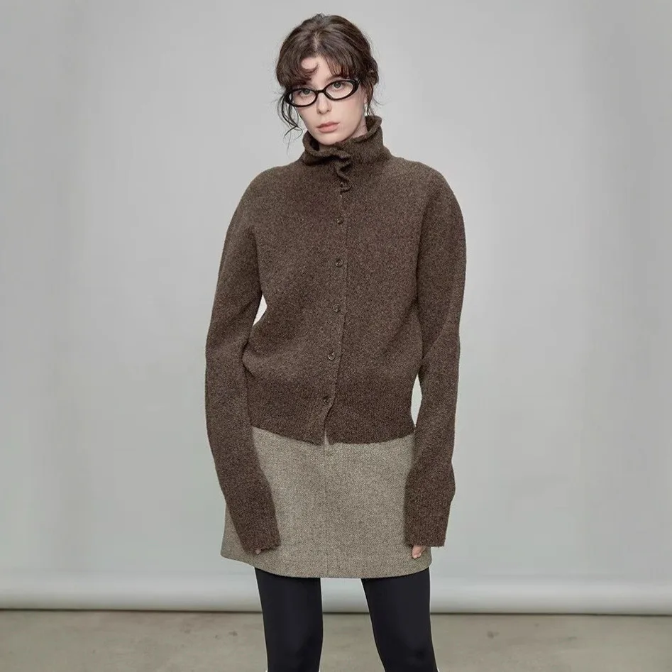 UMI MAO French Niche Light Luxury Gray Coffee Color Knitted Sweater Women New Autumn Loose Fit Elegant Versatile Lazy Style Top