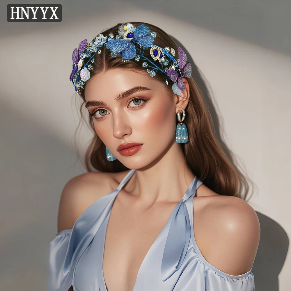 HNYYX ślubne ślubne Rhinestone akcesoria do włosów kryształowa obręcz na głowę Retro elegancka opaska na głowę dla dziewczynek motyl Tiara biżuteria A199