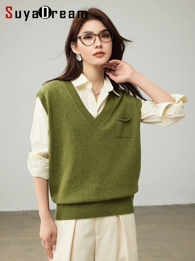 

SuyaDream, Женские жилеты, 100% мериносовая шерсть, V-образный вырез, Шикарные пуловеры, Свитера осень-зима 2025 года, Майки, Оливковый, Серый