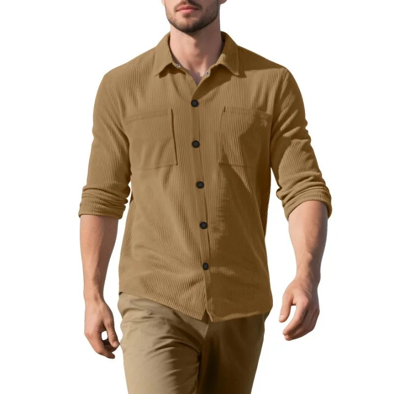 Men Heavyweight Corduroy Shirt Solid Color Long Sleeve Lapel Casual Open Front Top For Autumn Winter European