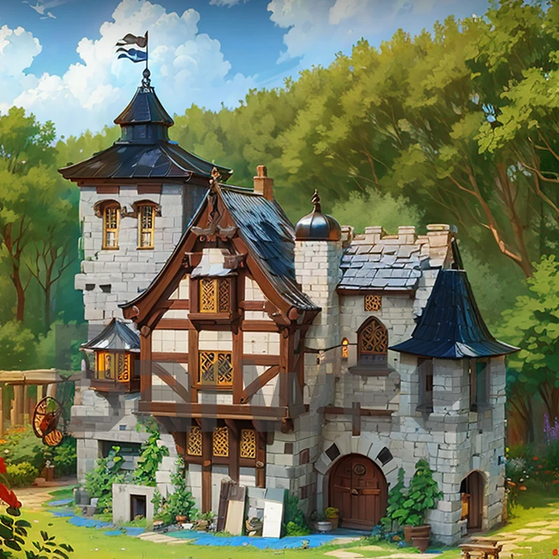 中世の城の家、建物セット、都市のアパート、店舗、建築、モジュール式建物、ブロックモデルキット、大人、子供へのギフト