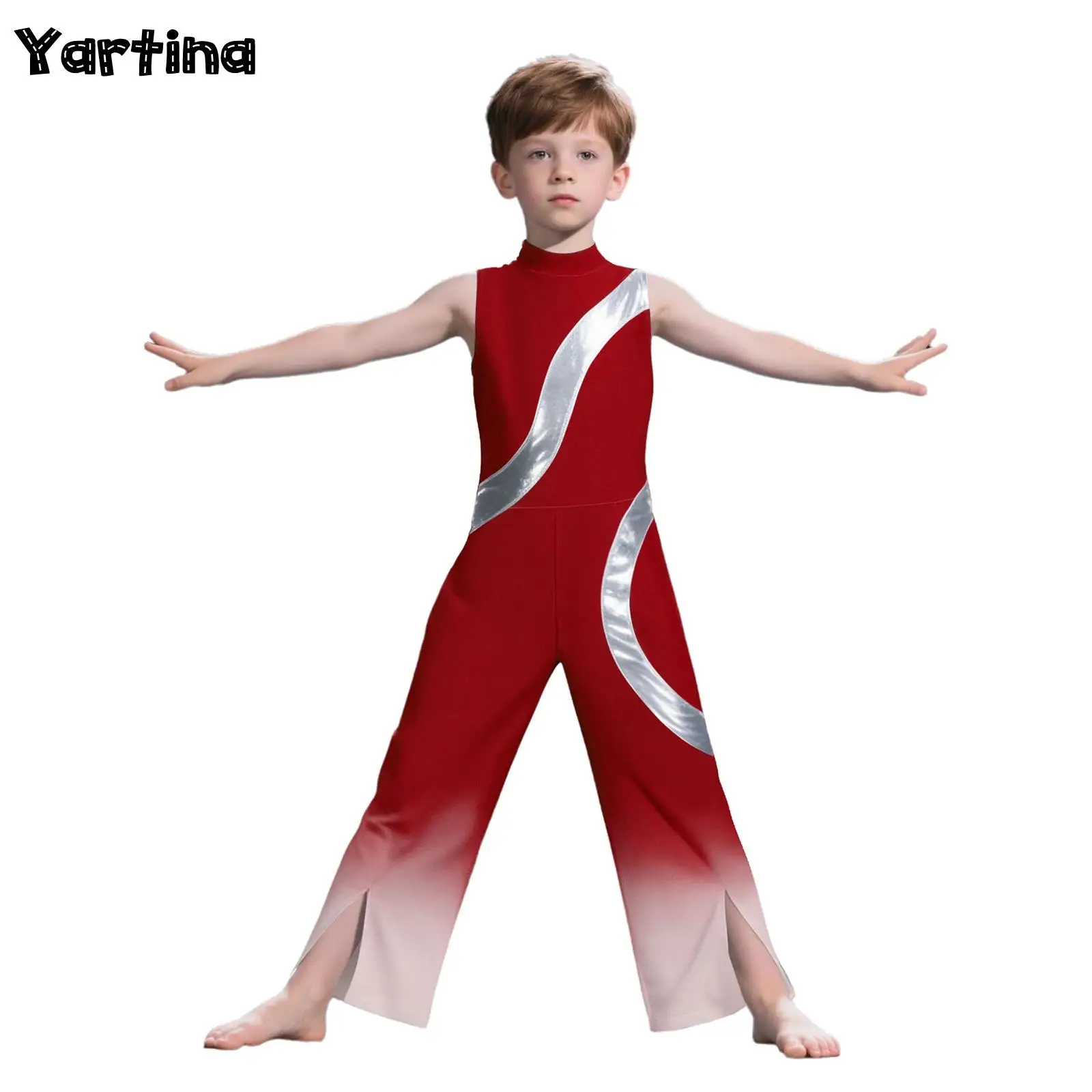 

Kids Boys Gymnastics Ballet Dance Jumpsuit Metallic Back Invisible Zipper Split Gradient Bottom Full Body Leotard Bodysuit