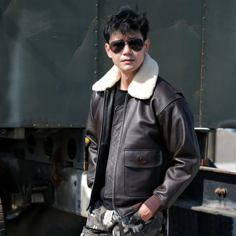 Dark Brown Winter Pilot Leather Jacket Men Military Style Europe Size Genuine Natural Thick Cowhide G1 Flight Leather Coat