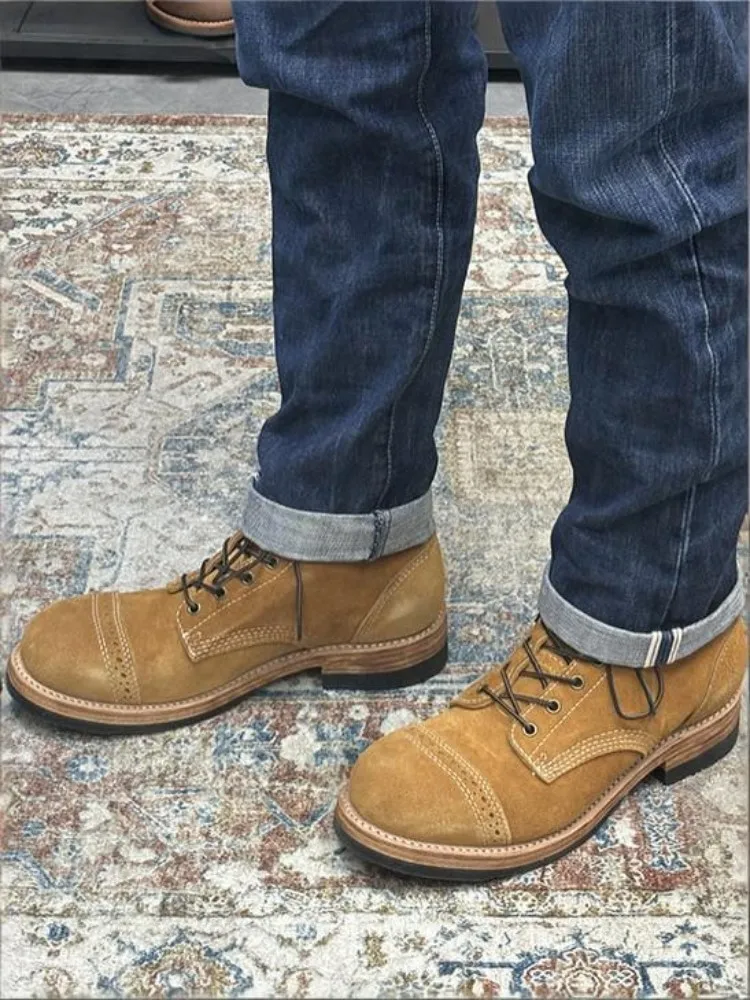 Handmade Solid Color Genuine Leather Hard-Wearing Lace-Up Ankle Boots Retro Male Cow Suede Round Toe Platform High Top Shoes