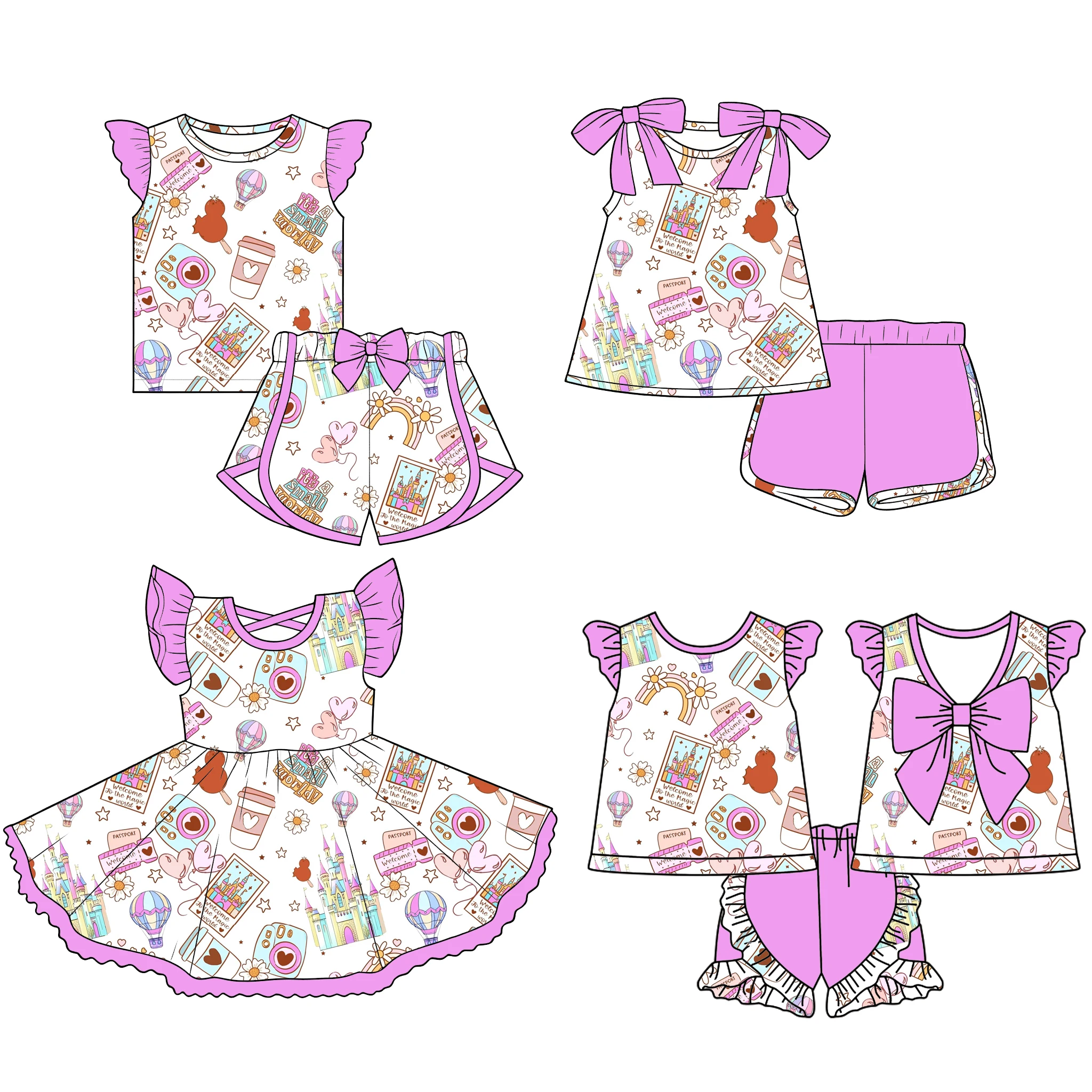 Summer Girl Magical Castle Treats Print Outfit Pink/Red Bow & Ruffle Dress Kids Casual Snack Clothes
