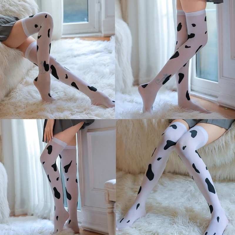 Women Sexy Cow Spotted Print Thigh High Stockings Silky Over the Knee Long Socks Hosiery Anime Cosplay Costume