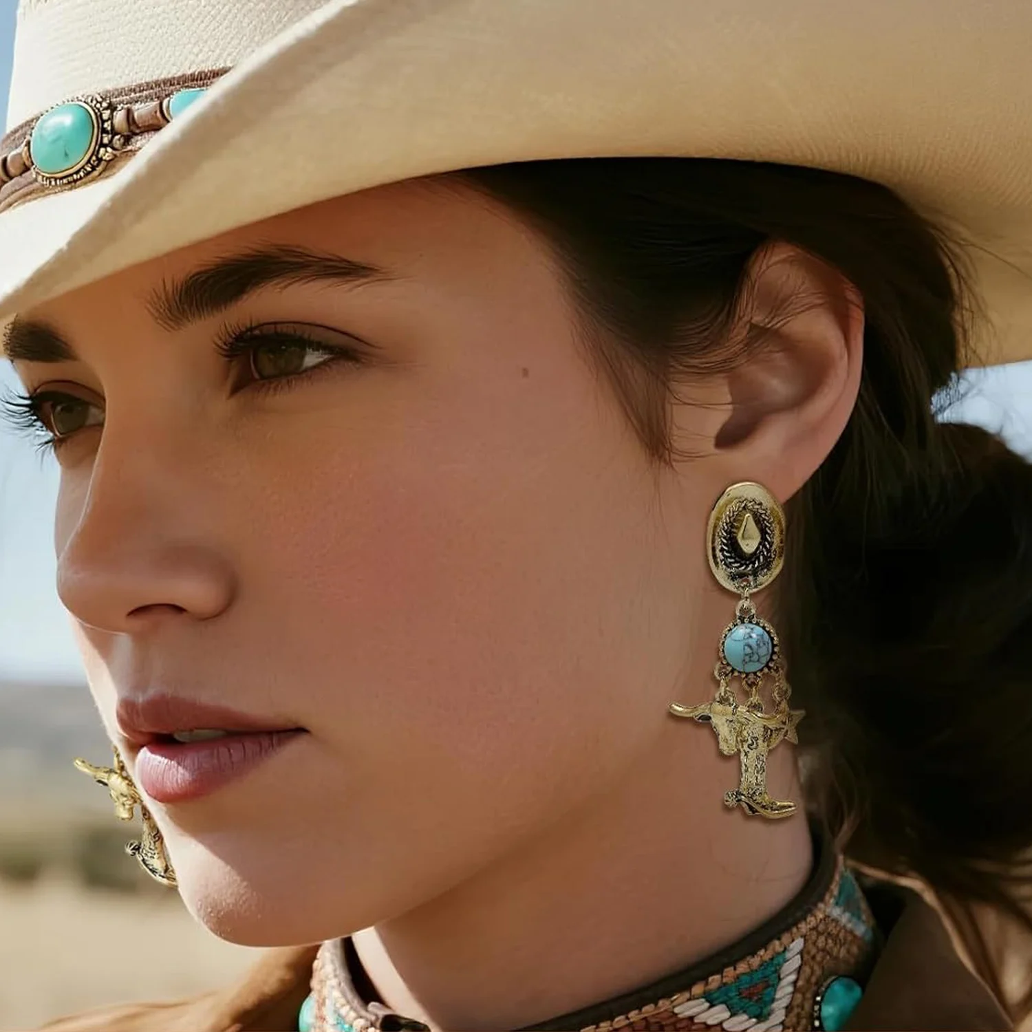 Cowgirl Rodeo Boots Dangle Earrings Western Cowboy Hats Green Stone Earrings for Women Texas Cow Head Star Ear Jewelry Gift