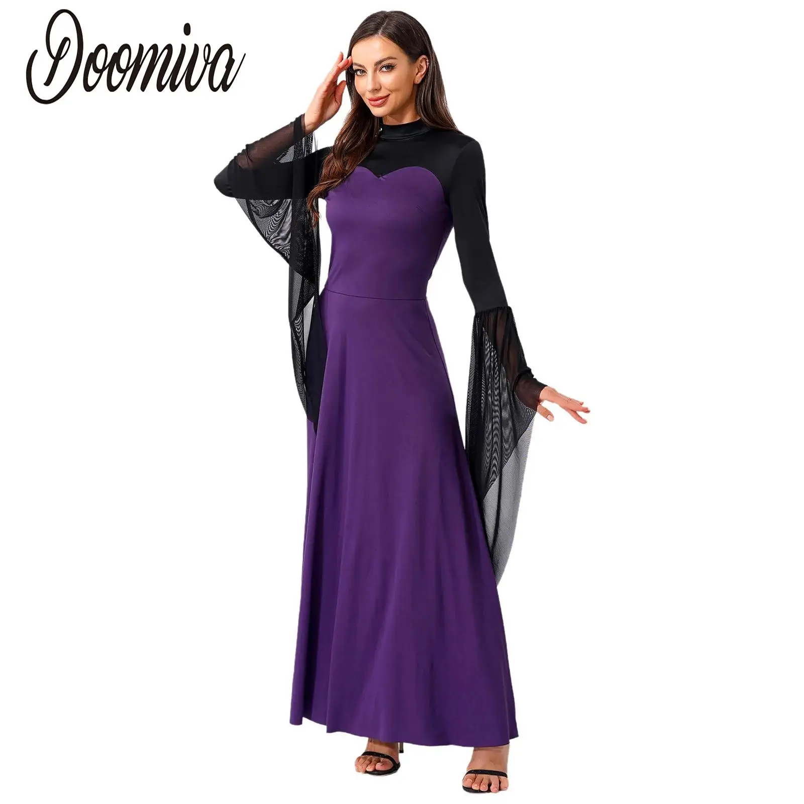 

Women Witch Vampire Costume Halloween Cosplay Fancy Dress Up Witch Role Play Gown Long Sleeve Flared Mesh Cuffs Maxi Dress