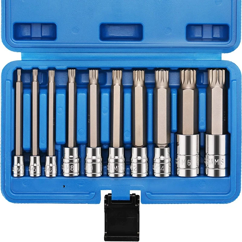 10 Piece 4 Inch Spline Tip Bit Socket Set M-Type Universal Sleeve M4-M18 Triple Square Spline Bit Socket Set