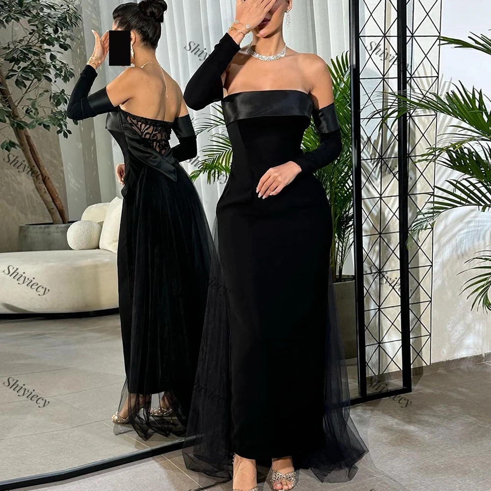 Black Off the Shoulder Long Sleeves Evening Dress Saudi Arabia Formal Strapless Straight Prom Gowns Floor Length Robes De Soirée