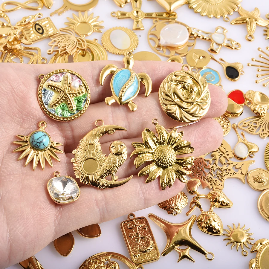 

Random Mix Gold Color PVD Stainless Steel Pendants For Jewelry Making Supplies Various Charm Pendant Handmade Necklace Findings