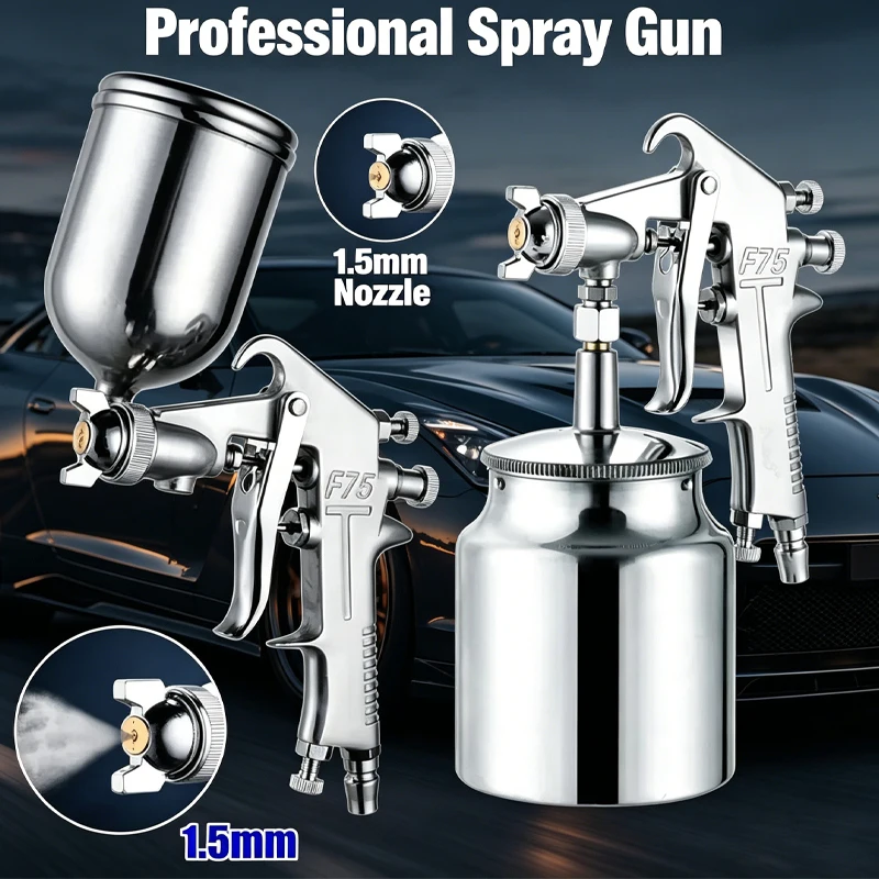 F-75 Spray Gun 1.5mm Nozzle with Cup Silver Handle Adjustable Color Spray Gun for Automotive Furniture Parts Painting