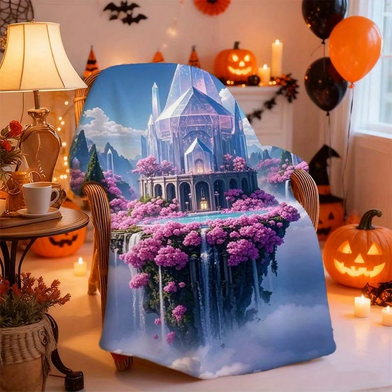 1pc Enchanted Floating Castle & Pink Flower -Tale Blanket - Magical Island with White Castle, Pink Blooming Trees & Purple Flowe