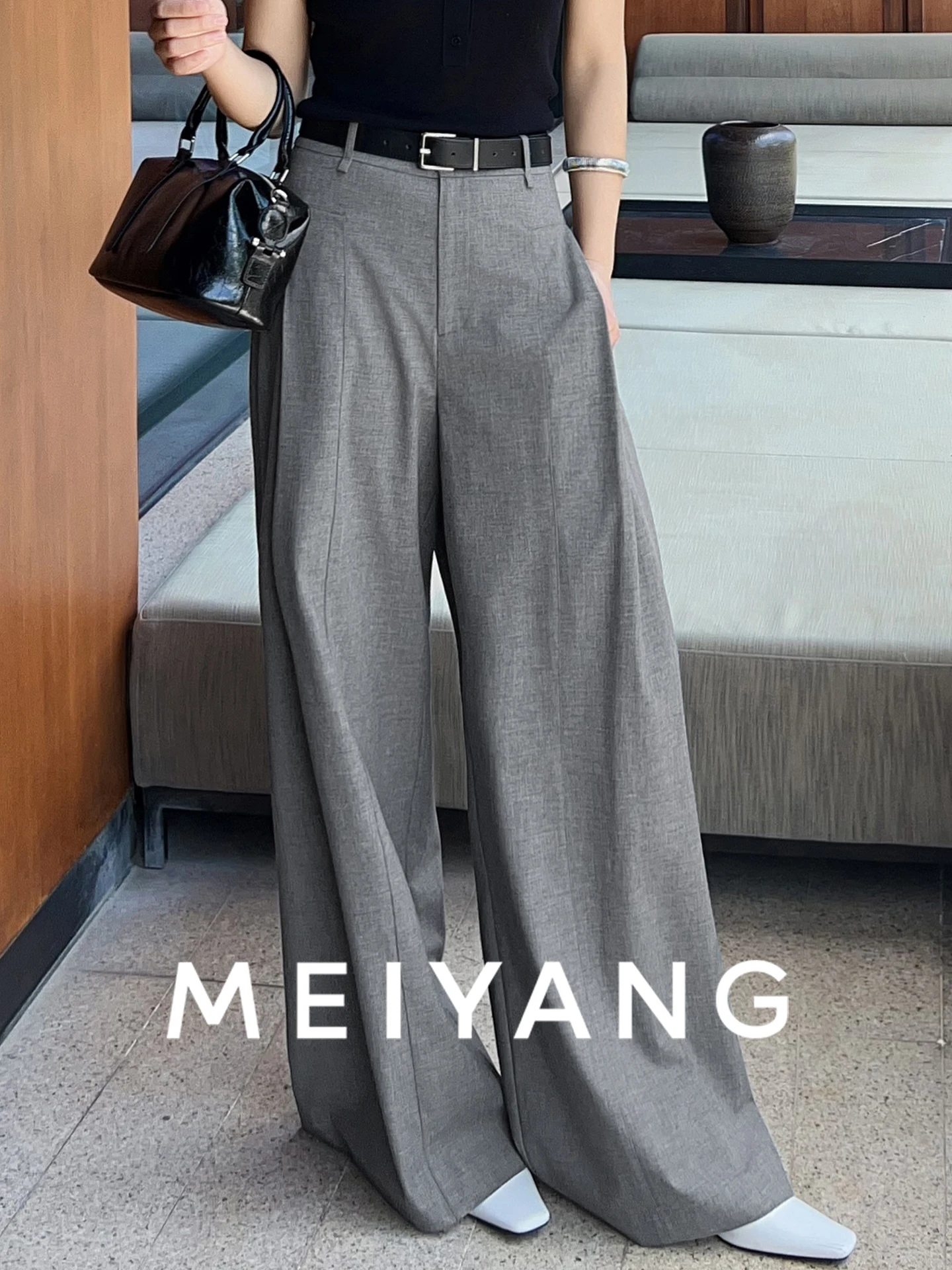 

MeiYang Initial earing Wool Casual Wide Leg Pants High Waist Trousers for Commuting And Leisure Polyester Fiber Long Pants