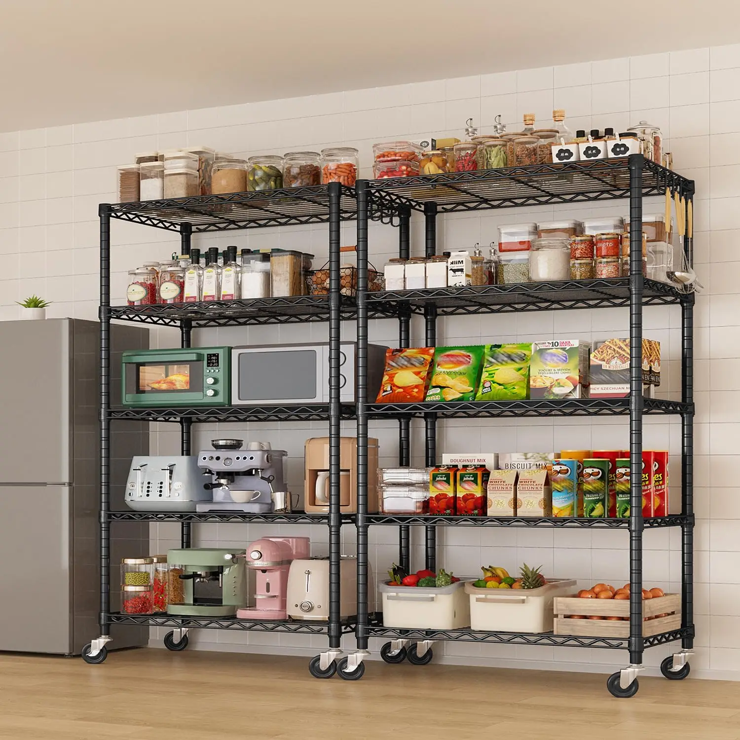 Wire Storage Shelves with Wheels: 5 Tier Adjustable Metal Shelving Unit,  Heavy Duty Kitchen Bakers Rack, Rolling Pantry Shelf Organizer for Closet, Laundry, Garage