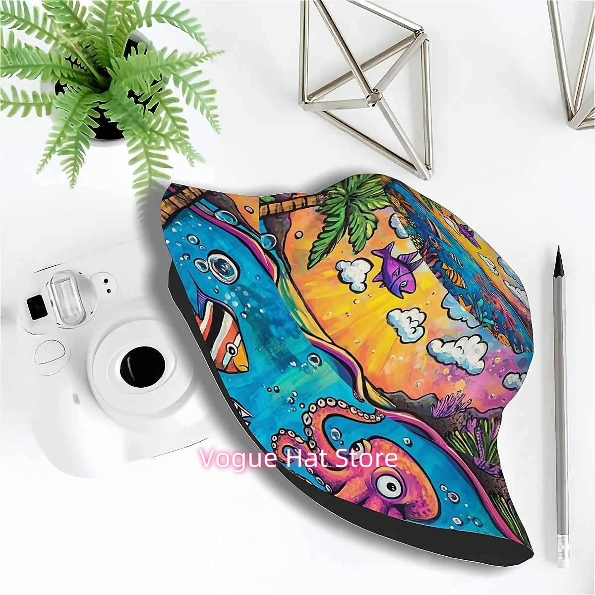 1pc Funky Underwater World Bucket Hat with Vibrant Octopus, Coconut Tree & Marine Life Design – Unisex Stylish Sun Hat for Beach