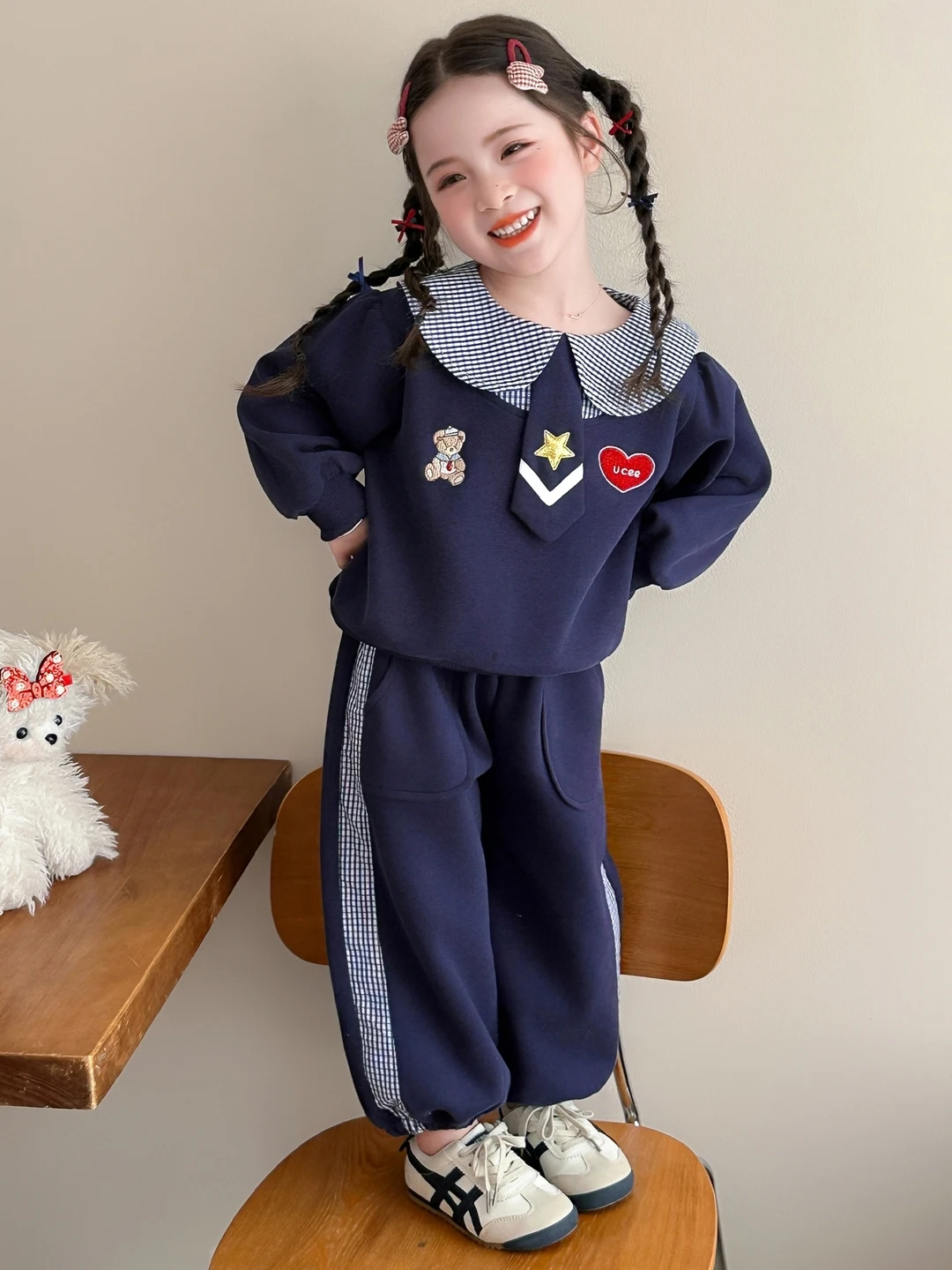 Spring Autumn Plaid Bear Heart Children's Fashionable Two-Piece Set Girls' Casual Sportswear Ensemble Pure E-commerce Item