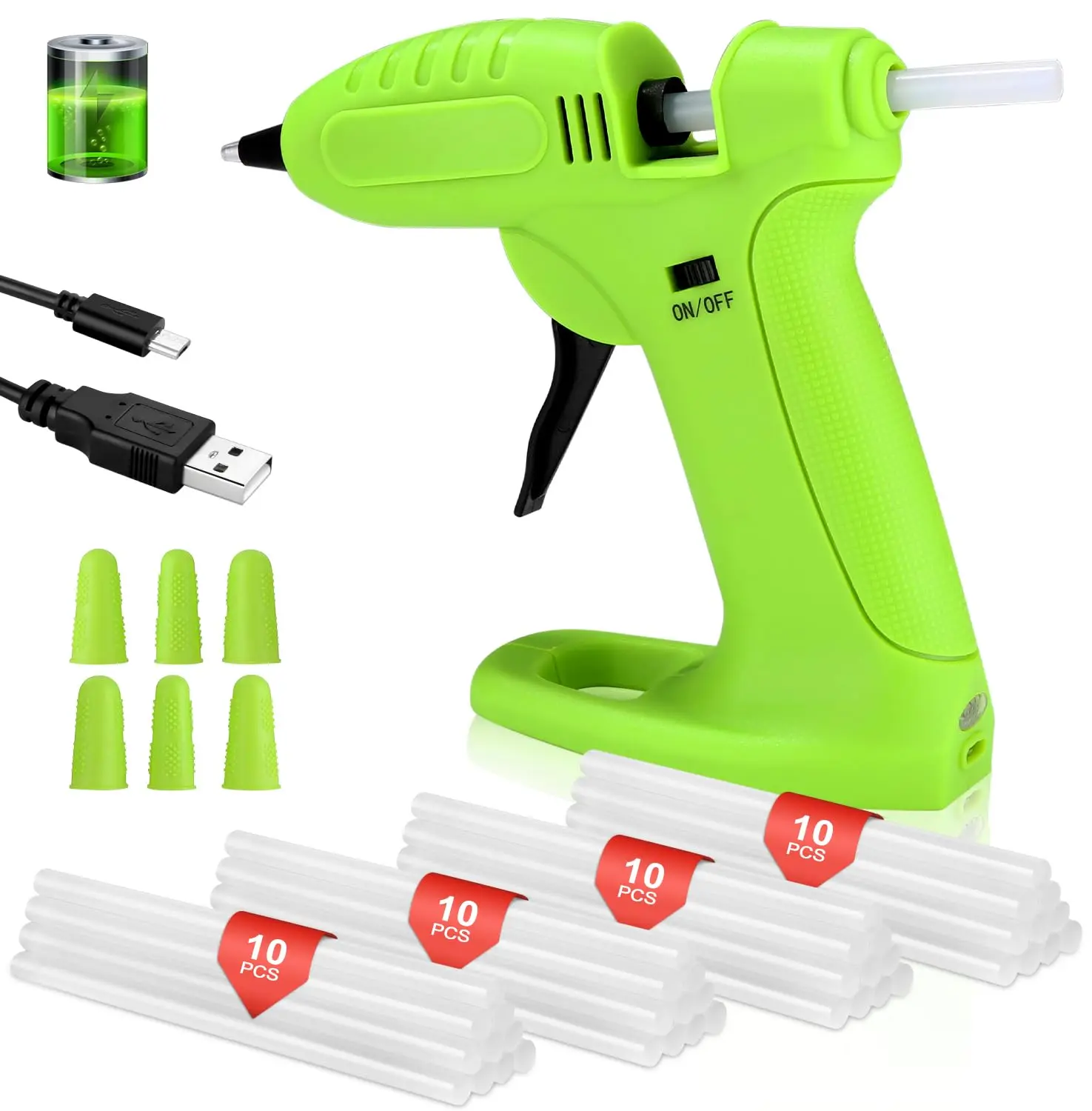 

Mini Hot Melt Glue Set with 1 Electric Glue , 1 USB Charging Cable, 40 7mm Glue Sticks and 6 Silicone Finger Covers