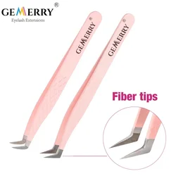 Gemerry 1 PC Eyelash Tweezers With Fiber Tips Pink Professional Steel High Precision for Volume Fans Lashes Extensions Makeup