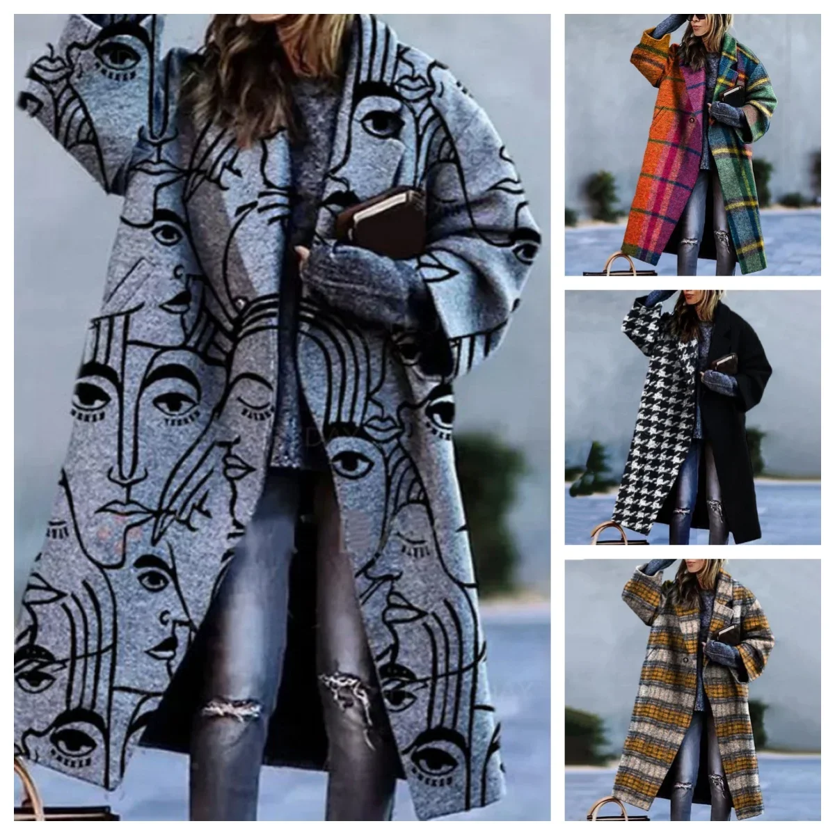 

New Fashion Lapel Collar checkered pattern Long Tops Elegant Autumn Street Cardigan Coats Solid Women Clothes Female Coats