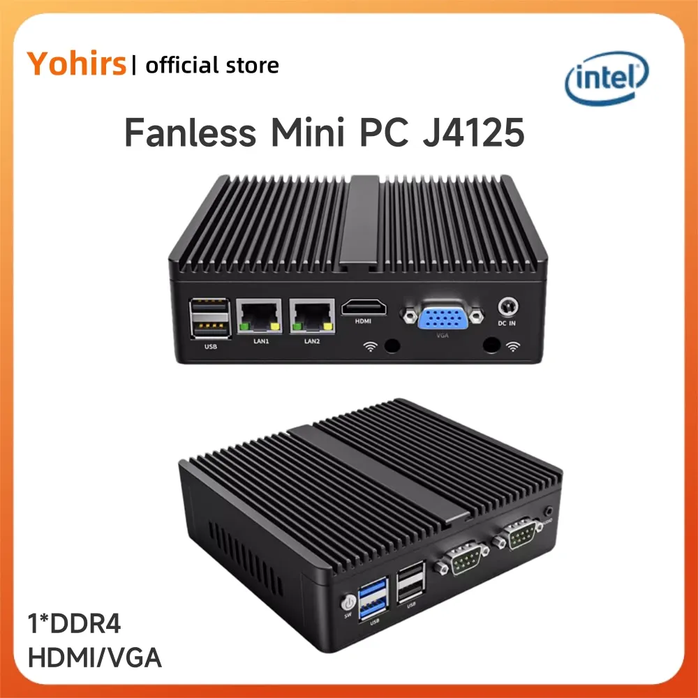 Yohirs คอมพิวเตอร์ขนาดเล็ก Win 10 Intel Celeron N2840 J1900 N2940เดสก์ท็อปพีซี pfsense มินิเซิร์ฟเวอร์2 * LAN 2 * DB9 COM HD VGA คอมพิวเตอร์