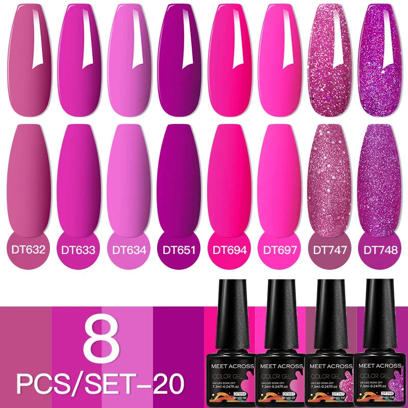 MEET ACROSS 8Pcs/Set Sparkly Rose Red Purple Gel Nail Polish Glitter Semi Permanent Nail Art Gel Vernis For Nails Manicure Kits