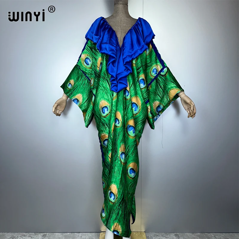 WINYI Boho Deep V Sexy Dress Muslim Abaya Lady Beach Cover Up Muslim Woman Dresses Beachwear Fashion Kaftan Abaya Dubai Luxury