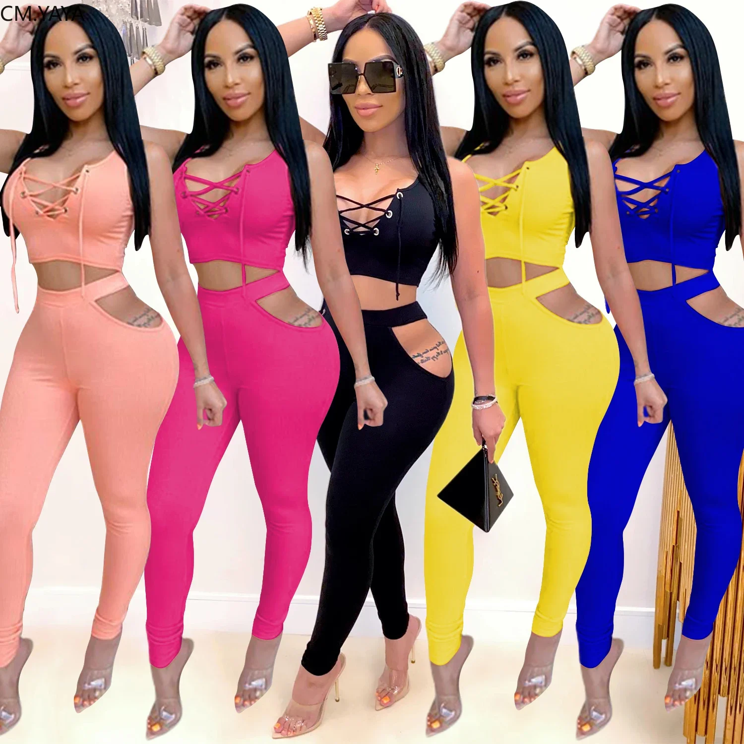 

Sport Solid Women Two Piece Set Tracksuits ;ace Up Crop Tops Cut Out Waist Legging Jogger Pant Suit Outfits Matching Set