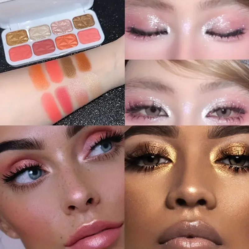 8色ブラッシュパレット、マット、ピンクブラッシュ、明るく長持ちするグリッターアイメイクアップ用のシマーシェード、ウォータープルーフ、カラフル