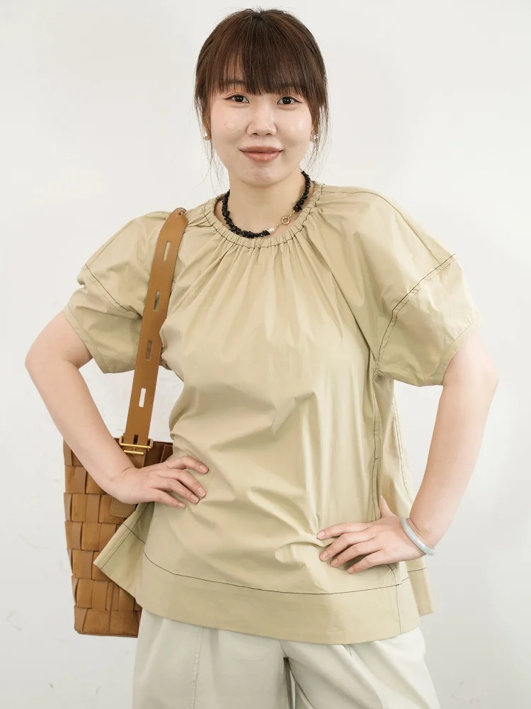 

French Sle Loose Fit irt round Ne Dstring Design Belted Cotton Blend ort Sve Pure Color Vintage LADYXIEXIE 0327 88