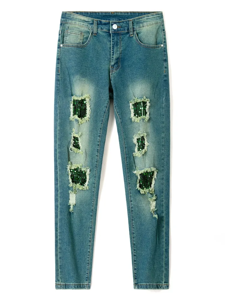 

Men's Ripped Slim Elastic Jeans Spring New Streetwear Hip-hop Patchwork Motorcycle Male Y2K Fashion Vintage Denim Pants