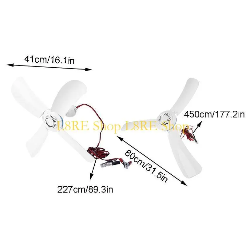 L8RE 3/4 Leaves 12V Ceiling Fan Air Cooler Hanging Battery Powered 16”/31.5” Tent Fans for Camping Outdoor Dormitory Home Bed