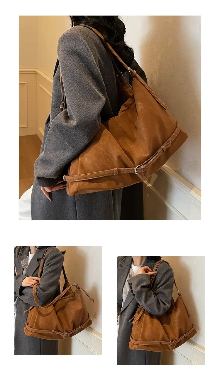 CEEKAY Damen Hobo-Tasche, dunkelbraun, Wildleder-Textur, große Schulterhandtasche, seitliches Schnallendetail, Reißverschluss, für den täglichen Pendelverkehr, lässig – Detail 3