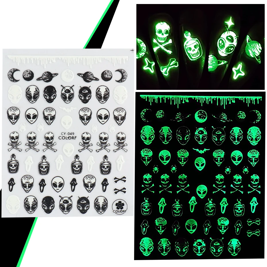 1Sheet 3D Luminous Slider Halloween Nail Art Sticker Skull Alien Planet Decals Glow In The Dark Glitter Nail Tips Decor JICY046